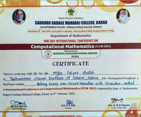 Ms. Mijba Shaikh has Successfully Participated in One DayInternational Conference on Computational Mathematics (ICCM-2023)