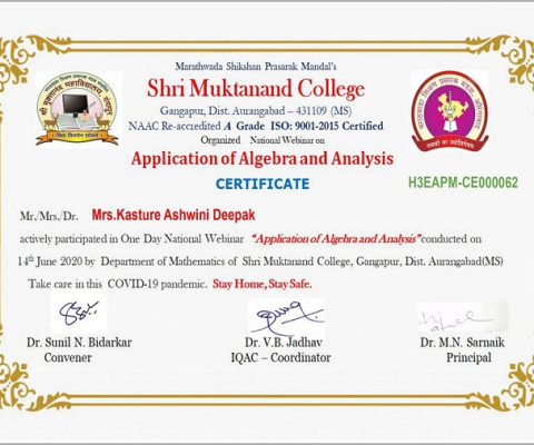 Mrs. A. D. Kasture has successfully completed One Day National Webinar in COVID-19 Pandemic.