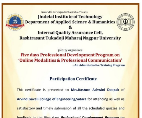 Mrs. A. D. Kasture has successfully completed Five Days Professional Development Program on Online Modalities & Professional Communication.