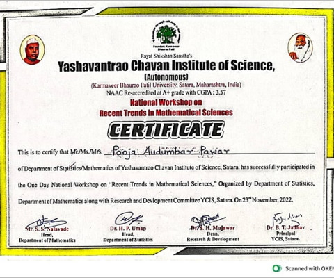 Ms. Pooja Pawar has successfully completed One Day National Workshop on Recent Trend in Mathematical Science by YCIS, Satara