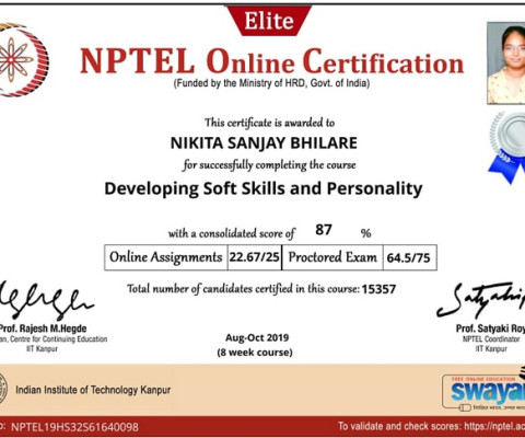 Ms. Nikita Bhilare has Successfully Completed NPTEL Certification Course