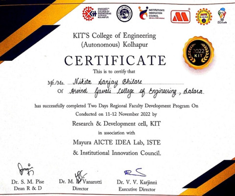 Ms. Nikita Bhilare has Successfully Completed Two Days Regional FDP organised by KIT, Kolhapur.