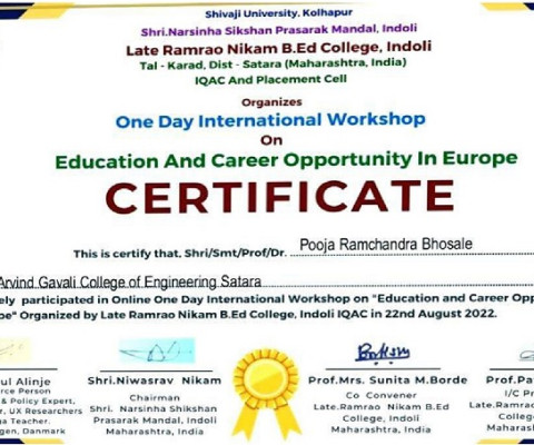 Ms. Pooja Bhosale has successfully completed One Day International Workshop on Education and Career Opportunity in Europe.