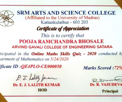 Ms. Pooja Pawar has participated in Online Maths Skills Quiz-2020 