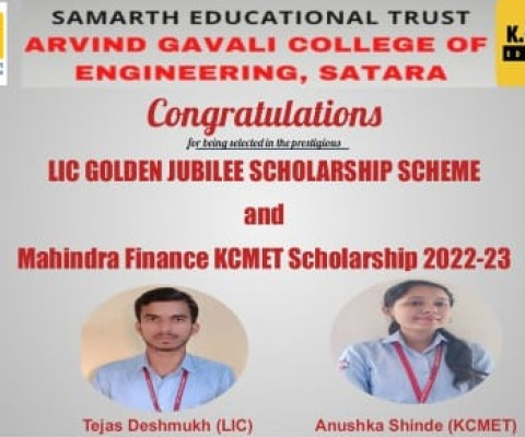 Congratulations for being selected for LIC Golden Jubilee Scholorship Scheme and Mahindra Finance KCMET Scholorship 2022-23