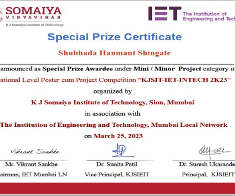SPECIAL PRIZED AWARD at KJSIT-IET-INTECH-2K24