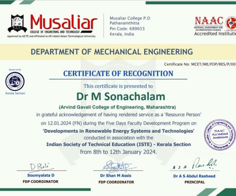 Dr M Sonachalam, contributed as a resource person in the FDP on 'Developments in Renewable Energy Systems and Technologies.'