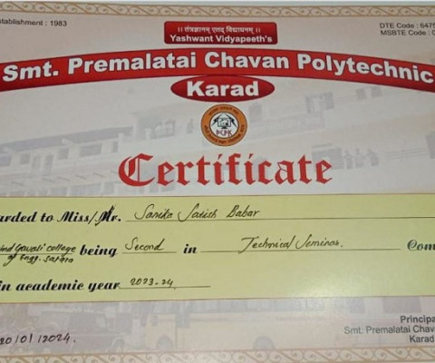Ms. Sanika Satish Babar won 2nd postion in Technical Seminar Competition
