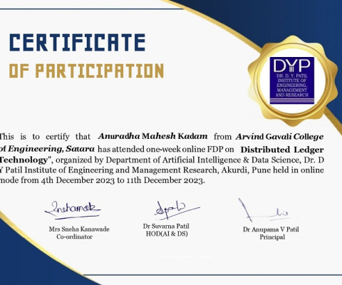 Ms. Anuradha Mahesh Kadam has attended one week FDP