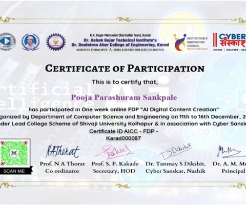 Ms. Pooja Parashuram Sankpale has participated in one week online FDP