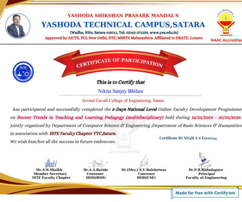 Ms. Nikita Sanjay Bhilare has successfully completed FDP on Recend Trends in teaching learning pedagogy.