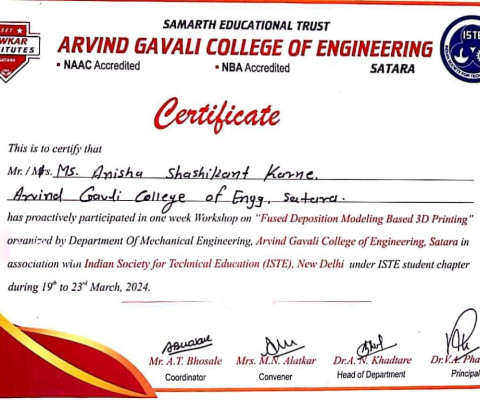 Ms. Anisha Shashikant Karne has proactively participated in one week Workshop on “Fuse Deposition Modeling Based 3D Printing”