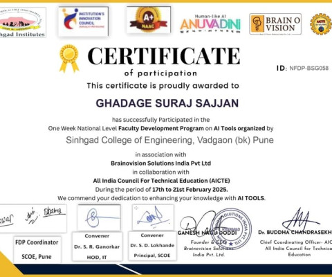 Mr. Suraj Ghadage Participated in FDP on AI Tools