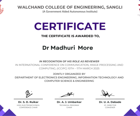 Reviewer Certificates for the International Conference on Communication Image Processing and Computing (ICCIPC) from Walchand College of Engineering, Sangli!