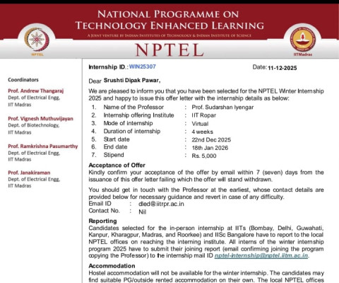 NPTEL Winter Internship offer letter under Prof. Sudarshan Iyengar (IIT Ropar) in the Deep Learning domain.