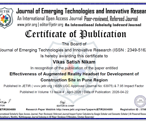 Papar published inEffectiveness of Augmented Reality Headset for Development of Construction Site in Pune Region