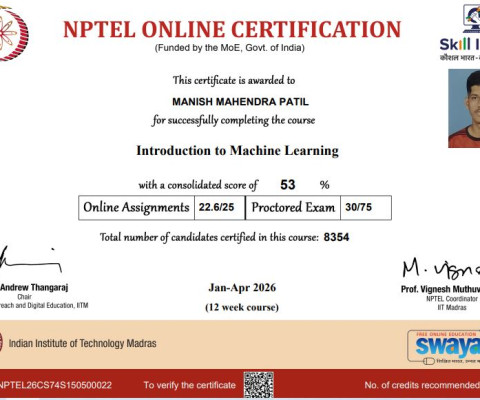 12 Week Machine Learning NPTEL Certificate Jan-April 2026