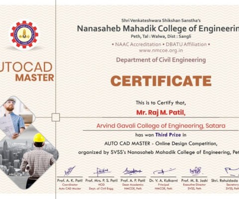 Mr. Raj M Patil Won 3rd Prize in Autocad Master at NMCOE,Peth