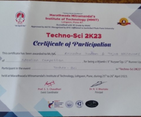 Student Participated in Techbo-Sci 2K23 event Pune 2022-23 got second prize ideation competition.
