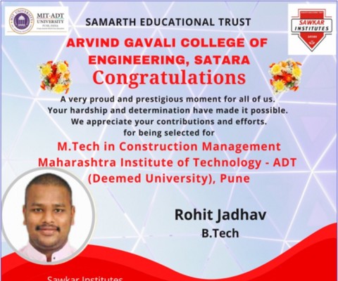 <p>Congratulations for being selected for M.Tech(Construction Management) in MIT-AD (Deemed University), Pune</p>