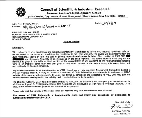 Dr.Madhuri More has awarded by Council of Scientific and Industrial Research (CSIR), New Delhi