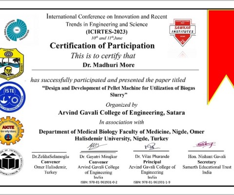 Dr.Madhuri More has successfully participated and presented the research topic in International Conference on Innovation and Recent trends in Engineering and Science (ICIRTES-2023)