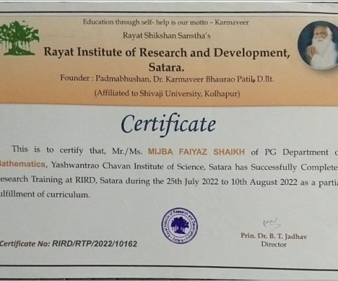 Ms. Mijba Shaikh has Successfully Completed Research Training at RIRD, Satara