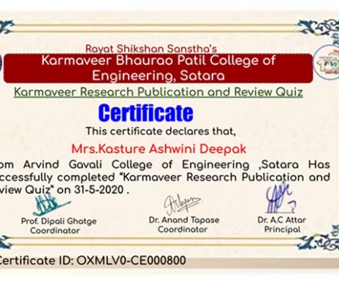 Mrs. A. D. Kasture has successfully completed Karmaveer Research Publication and Review Quiz by Karmaveer Bhaurao Patil College of Engineering, Satara.