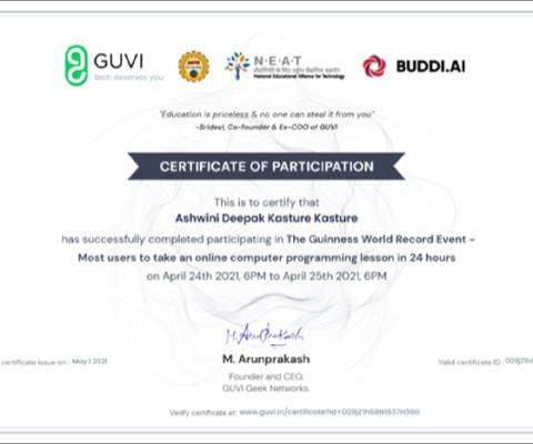 Mrs. A. D. Kasture has successfully completed participating in The Guinness World Record Event by GUVI Geek Networks.