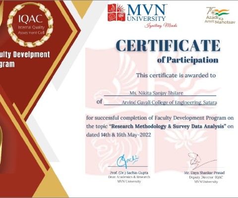 Ms. Nikita Bhilare has Successfully Completed FDP on Research Methodology and Survey Data Analysis organised by MNV University.