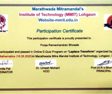 Ms. Pooja Bhosale has participated and passed in Online E-Quiz Program Organised by MarathwadaMitra Mandal Institute of Technology, Lohgaon, Pune