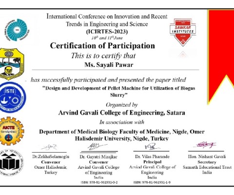Ms. Sayali Pawar has successfully participated and presented paper in International Conference on Innovation and Recent trends in Engineering and Science (ICIRTES-2023) 