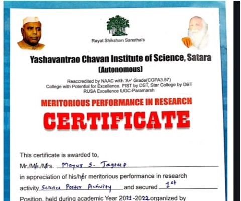 Mr. MayurJagtap has appreciated in research activity by, Yashavantrao Chavan Institute of Science Satara.
