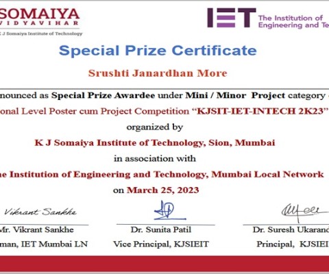 SPECIAL PRIZED AWARD at  KJSIT-IET-INTECH-2K23  POSTER CUM PROJECT COMPETITION