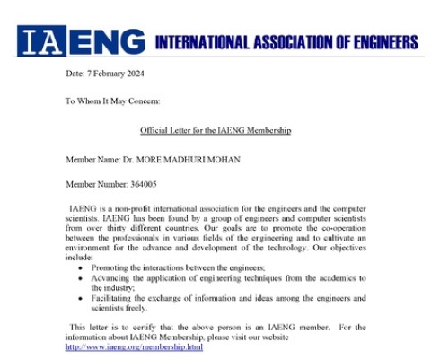 Certification letter for IAENG membership