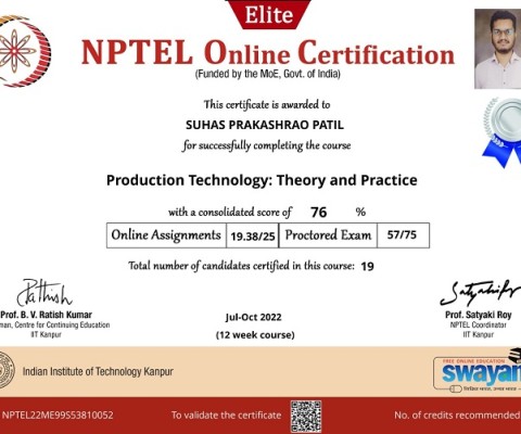 Mr. Suhas Patil  received  Silver medal in NPTEL course of 