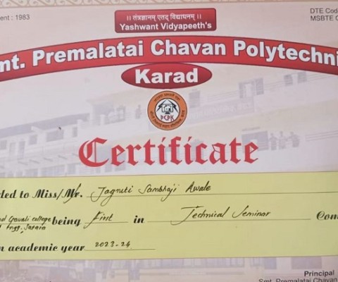 Ms. Jagruti Sambhaji Awale won 1st postion in Technical Seminar Competition