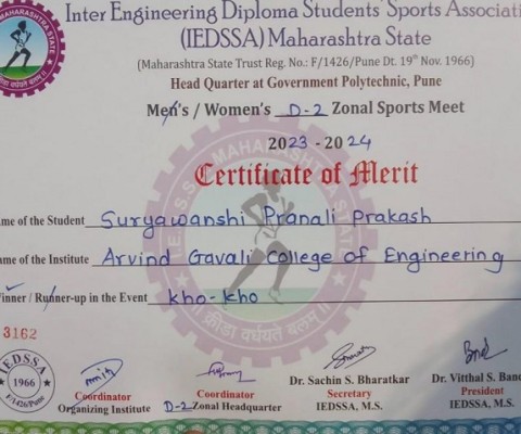 Ms. Suryavanshi Pranali Prakash won first prize in Kho-Kho event at zonal sports meet
