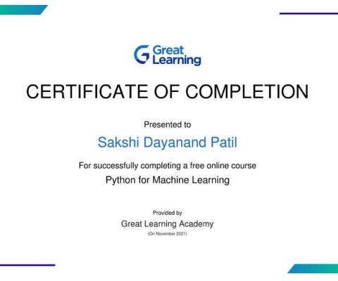 Ms. Sakshi Dayanand Patil completed online course Python for Machine Learning