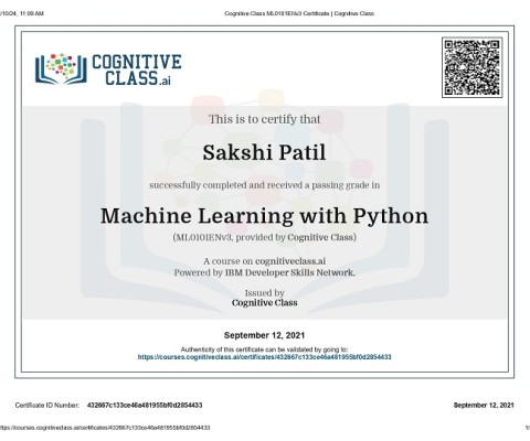 Ms. Sakshi Dayanand Patil completed online course Machine Learning with Python