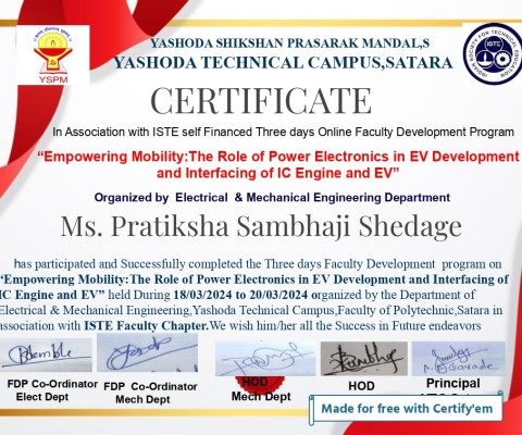 Ms. Pratiksha Sambhaji Shedagehas successfully completed FDP on Innovative practices in teaching learning process.