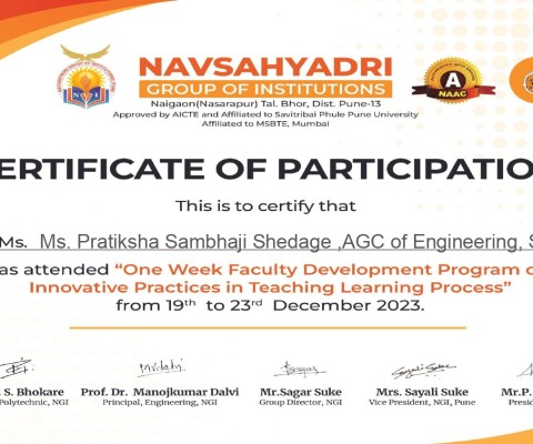 Ms. Pratiksha Sambhaji Shedage has successfully completed FDP on Innovative practices in teaching learning process at Navasahyadri, Pune