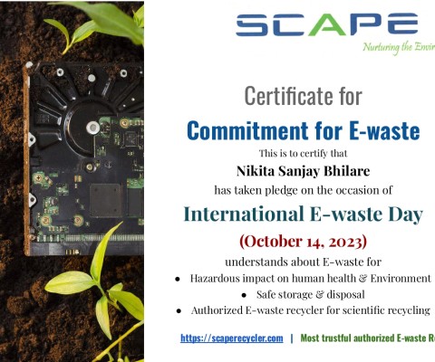 Ms. Nikita Sanjay Bhilare has committed for E Waste on the occasion of International E Waste Day through E Waste Awareness Campaign