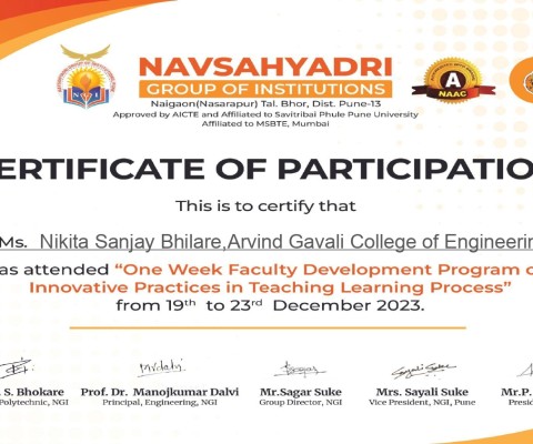 Ms. Nikita Sanjay Bhilare has successfully completed FDP on Innovative practices in teaching learning process.