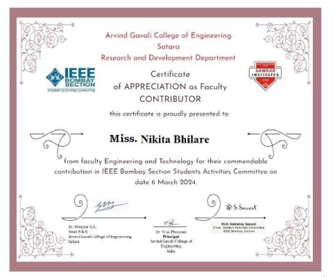 Ms. Nikita Sanjay Bhilare has been appreciated as Faculty Contributor for her contribution in IEEE Bombay Section Student Activities Committee.