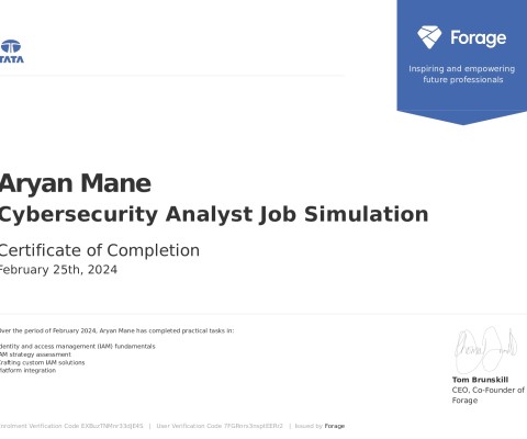 Mr. Aryan Mane has successfully completed a certificate course on “Cybersecurity Analyst Job Simulation” by TATA Forage