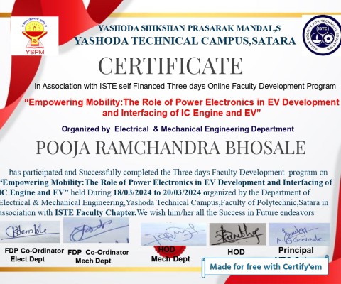 Ms. Pooja Bhosale has successfully completed FDP on Innovative practices in teaching learning process.