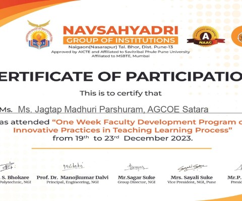 Ms. Jagtap Madhuri Parshuram has successfully completed FDP on Innovative practices in teaching learning process
