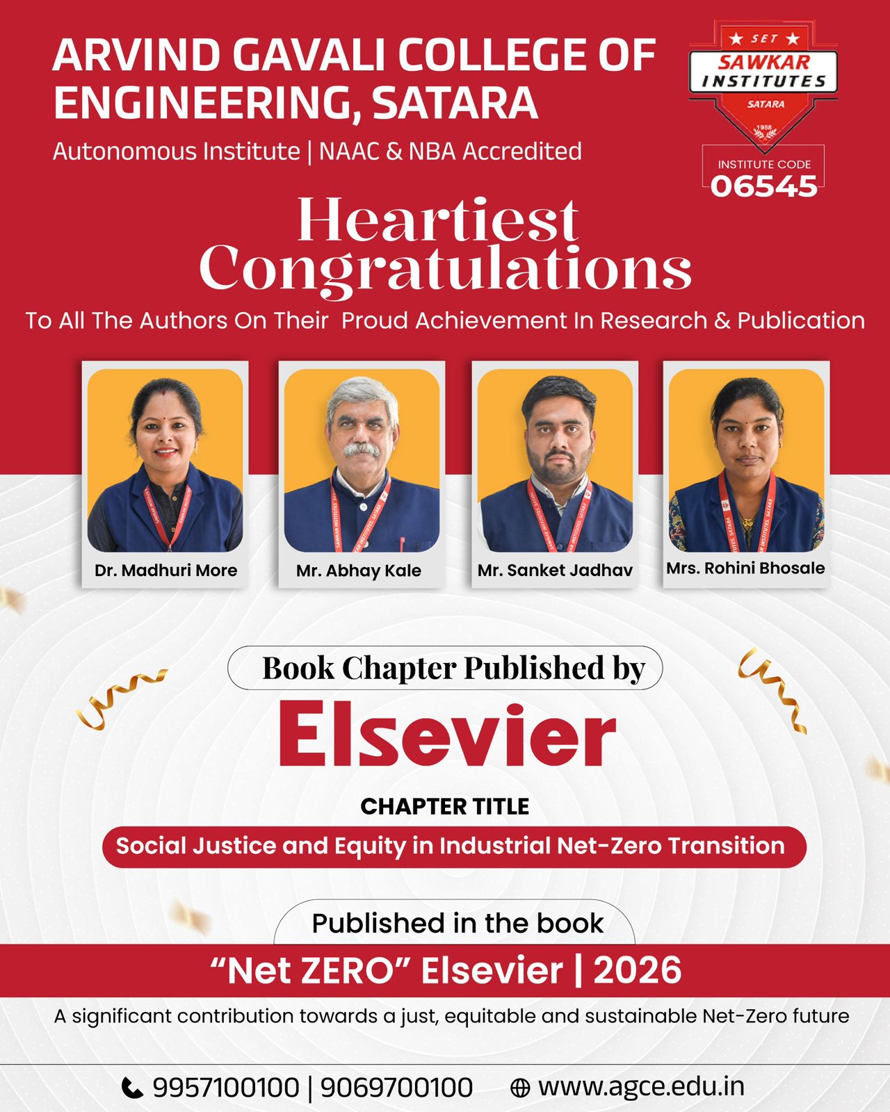 Heartiest Congratulations to Dr. Madhuri More, Mr. Abhay Kale, Mr. Sanket Jadhav & Mrs. Rohini Bhosale on the proud achievement of having your Book Chapter published by Elsevier in Net Zero 2026).